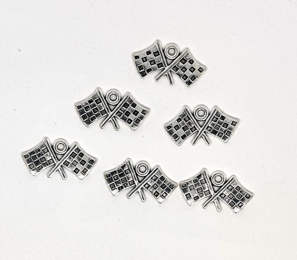 6pcs Beads for Jewelry #10397 Silver Racing Flag Charms